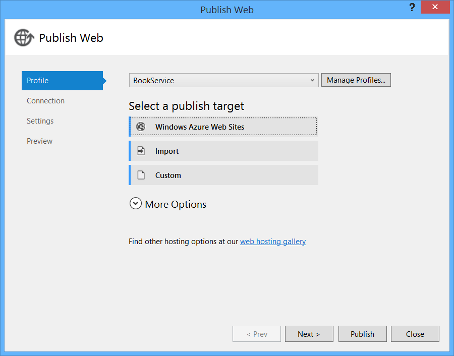 Screenshot della finestra di dialogo Pubblica Web con il pulsante Profilo evidenziato in blu e il sito Web BookService selezionato nel menu a discesa.