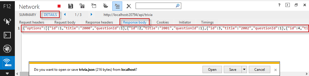 Visualizzazione del corpo della risposta dell'API Web