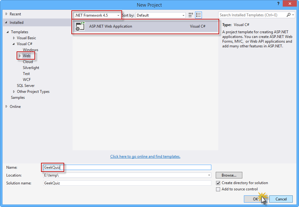 Creazione di un nuovo progetto applicazione Web ASP.NET Creazione