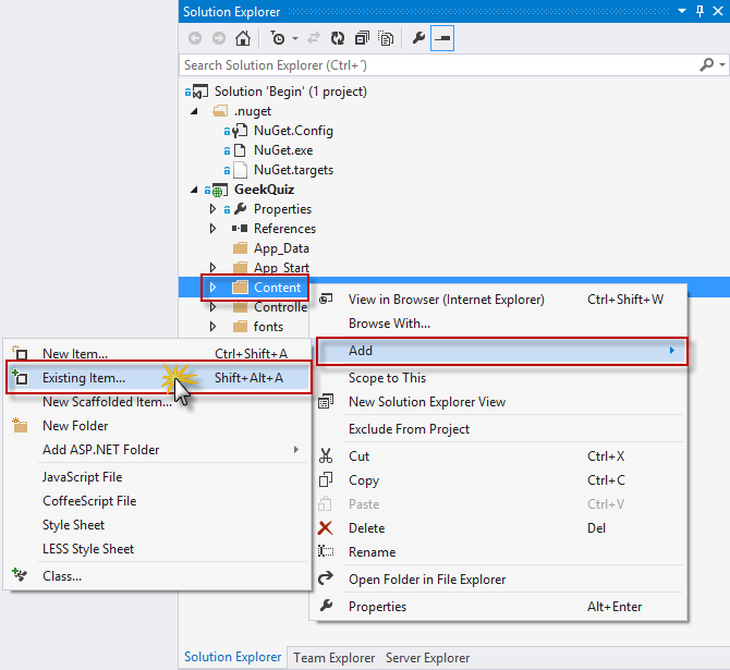 Aggiunta di un elemento esistente alla cartella Contenuto