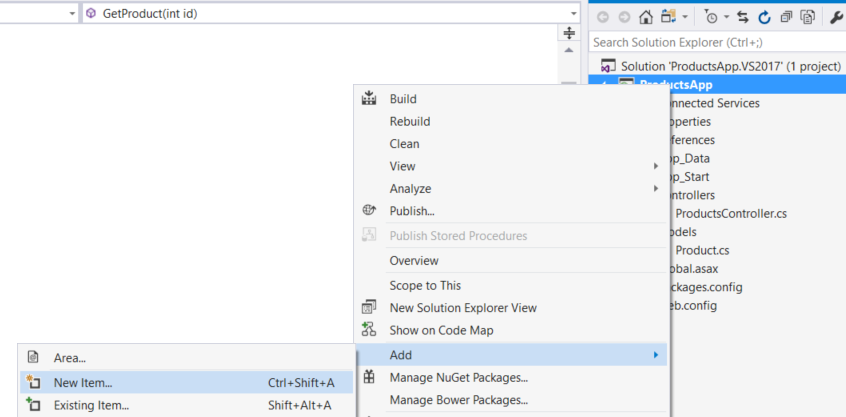 Screenshot del menu Esplora soluzioni, evidenziando l'opzione products app per visualizzare le selezioni di menu per aggiungere una nuova voce.