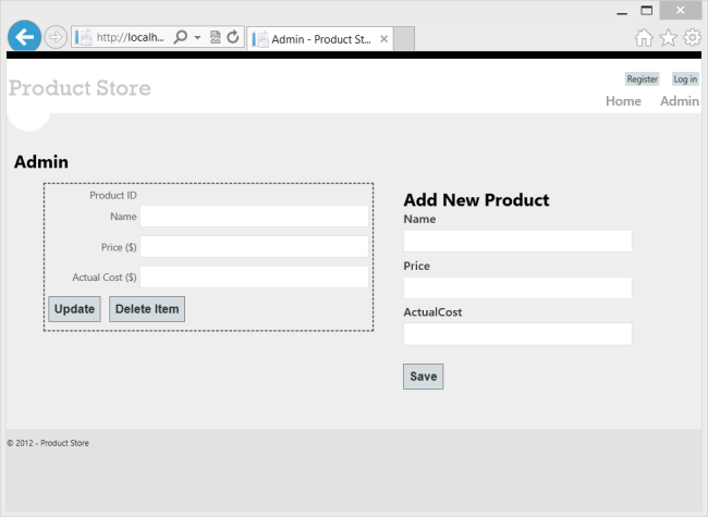 Screenshot di una visualizzazione del browser della pagina Admin.
