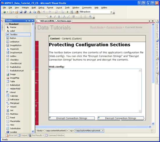 Screenshot che mostra Visual Studio aperto sulla pagina EncryptingConfigSections.aspx, con un nuovo TextBox e due pulsanti.