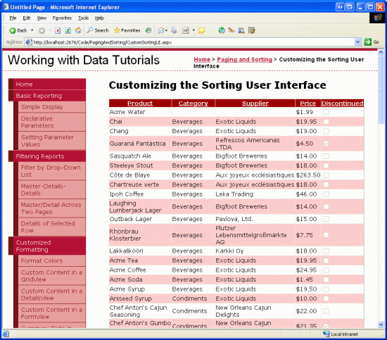 I dati di GridView ordinabili sono ordinati per categoria