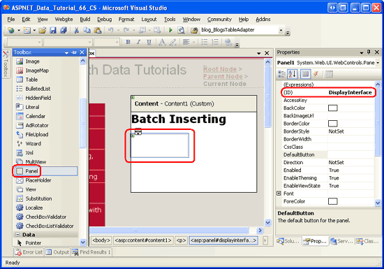Trascinare un pannello dalla casella degli strumenti nella finestra di progettazione