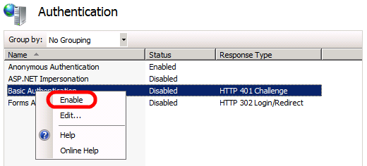 Fare clic con il pulsante destro del mouse su Autenticazione di base e quindi scegliere Abilita.