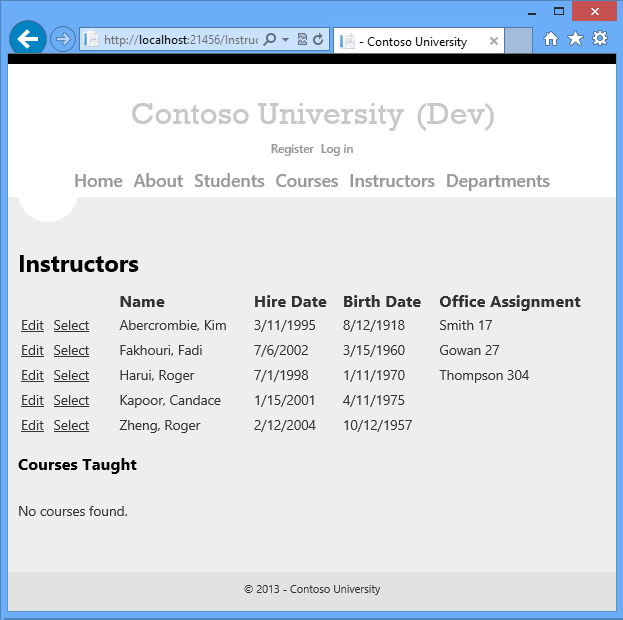 Screenshot che mostra la pagina Istruttori con il loro nome, la data di assunzione, la data di nascita e l'assegnazione dell'ufficio.