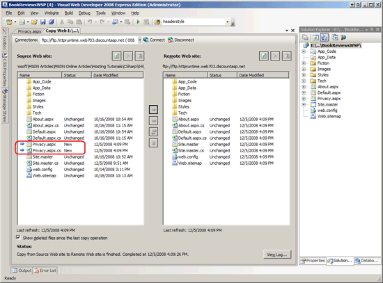 Lo strumento Copia sito Web include il nuovo <code>Privacy.aspx</code> nel riquadro sinistro