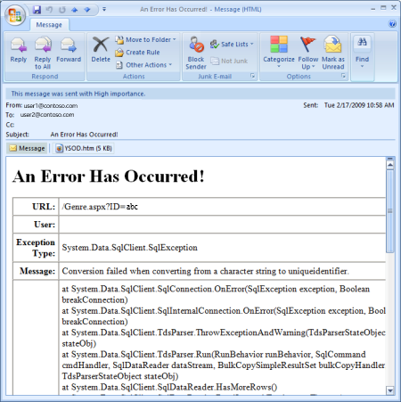 Screenshot che mostra il messaggio di posta elettronica inviato allo sviluppatore.