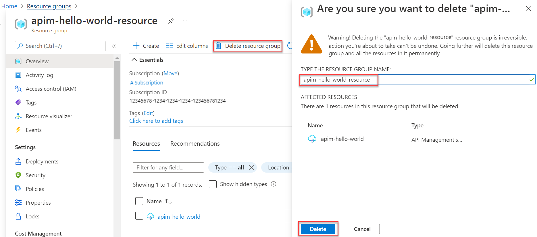 Screenshot che mostra il pulsante per eliminare il gruppo di risorse.