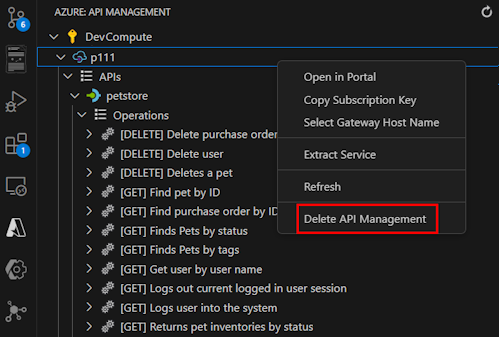 Screenshot dell'eliminazione dell'istanza di Gestione API da Visual Studio Code.