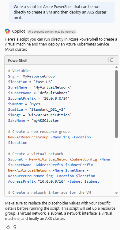 Screenshot di Azure Copilot che fornisce uno script di PowerShell che crea una macchina virtuale e distribuisce un cluster del servizio Azure Kubernetes.