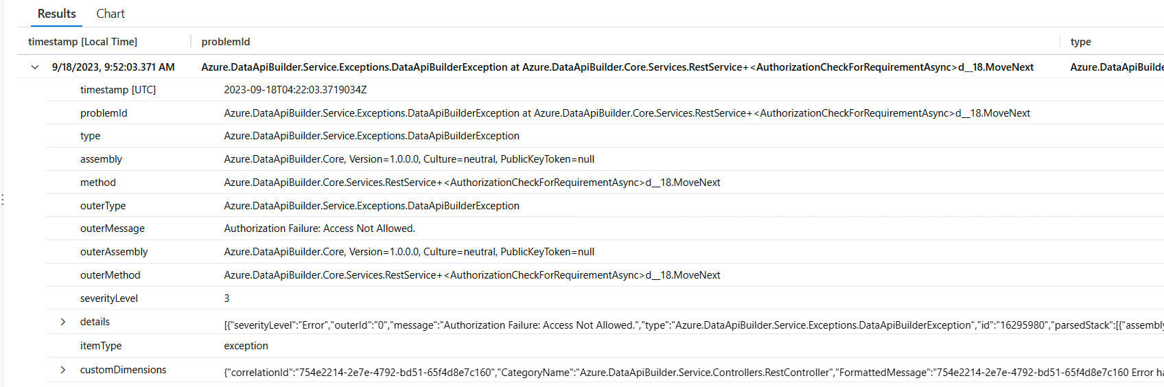 Screenshot dei risultati di una query per le eccezioni del generatore di API dati in Application Insights.