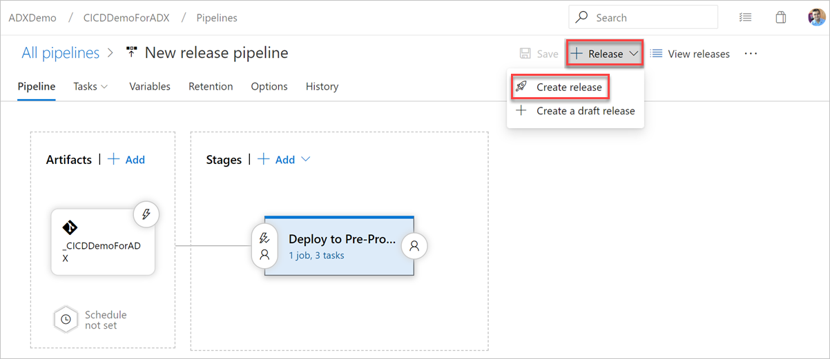 Screenshot che mostra come creare un rilascio.