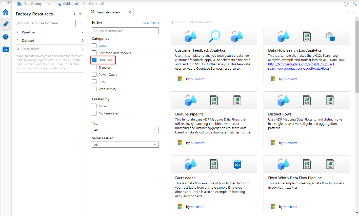 Schermata che mostra la raccolta di modelli filtrata per i flussi di dati.