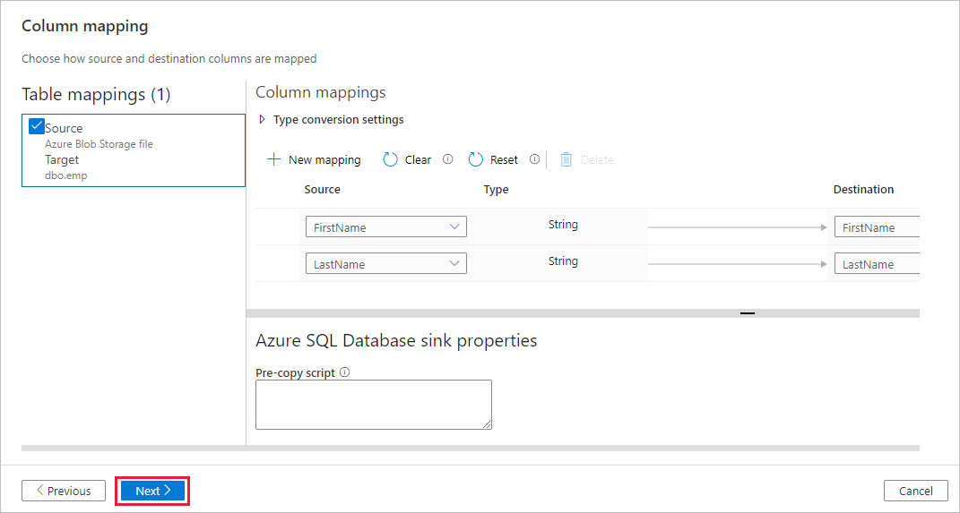 Screenshot della pagina di mappatura delle colonne.