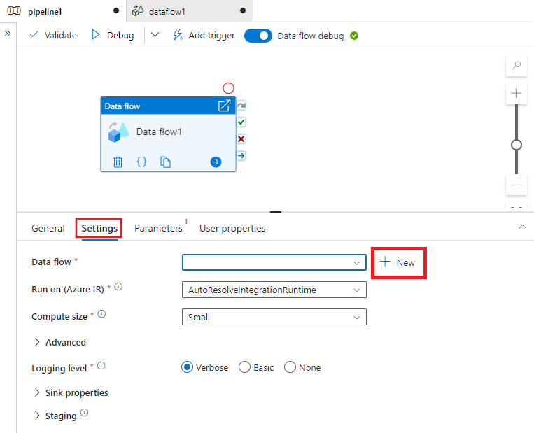 Screenshot che mostra come aprire l'editor del flusso di dati dall'editor della pipeline.