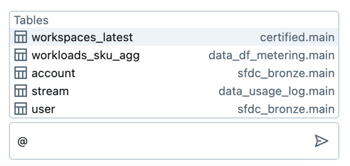 riferimento alla tabella nel prompt di un assistente utilizzando il simbolo @