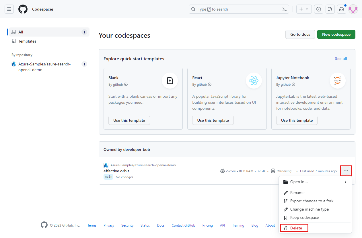 Screenshot che mostra il menu contestuale per un singolo codespace con l'opzione Elimina evidenziata.