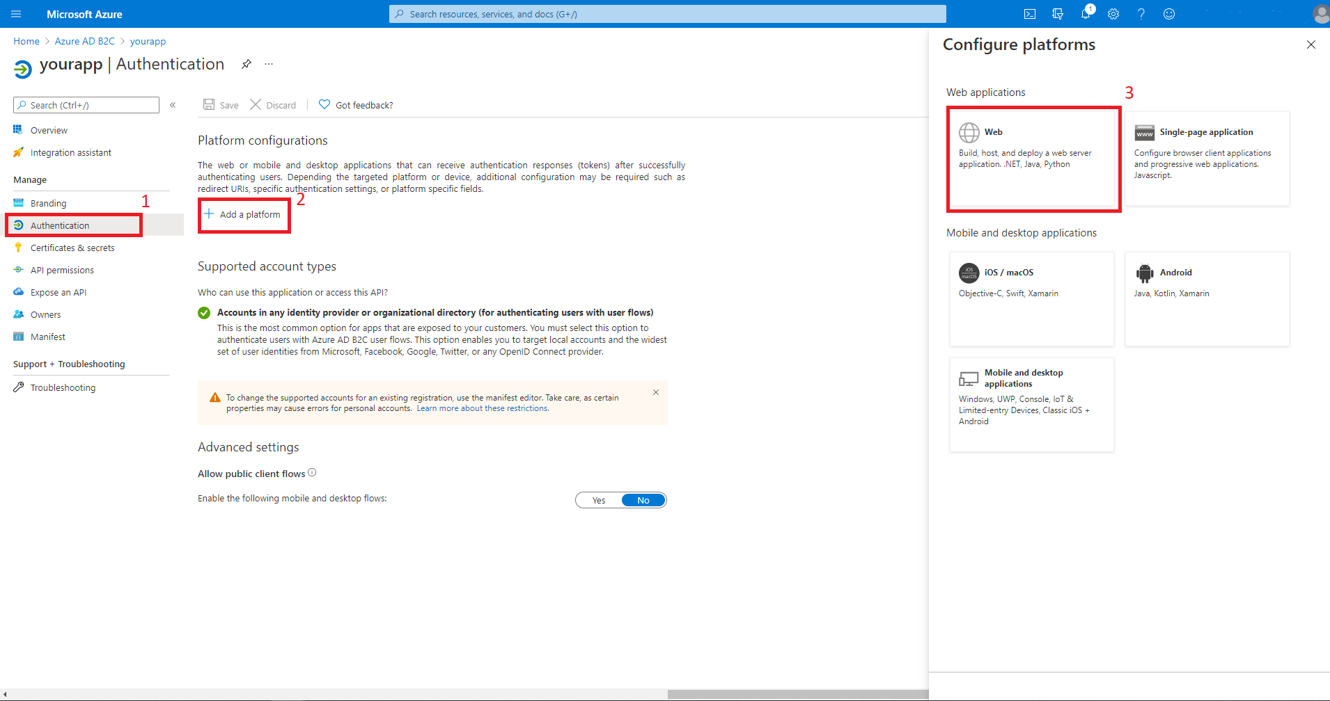 Opzioni selezionate per l'autenticazione, aggiungere una piattaforma web.