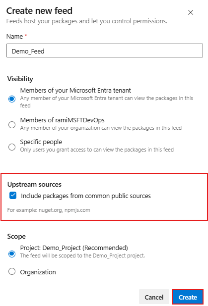 Screenshot che mostra come creare un feed necessario e abilitare le origini upstream in Azure Artifacts.
