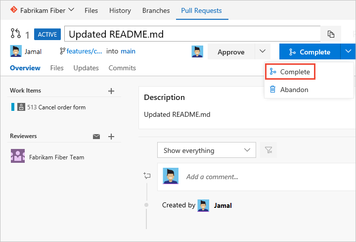 Screenshot che mostra la pagina Pull Request, Crea pull request.