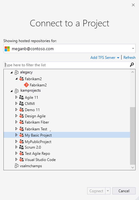 Screenshot della finestra di dialogo di connessione a un progetto 2017.