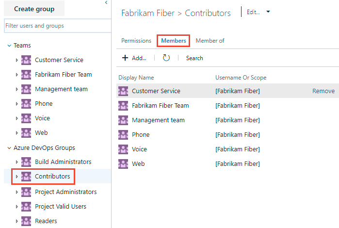 Screenshot che mostra i membri del gruppo di sicurezza Collaboratori.