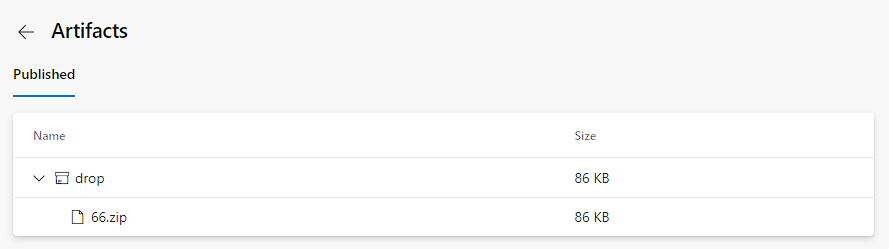 Screenshot degli artefatti di compilazione pubblicati per un singolo processo.