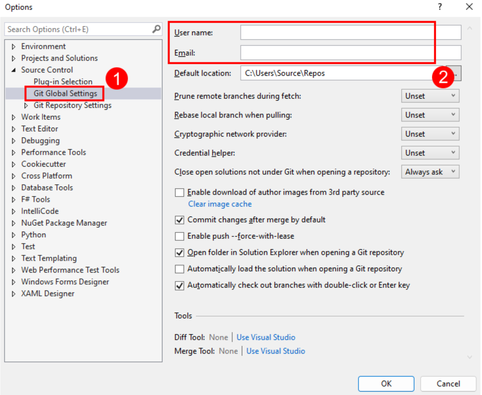Screenshot delle impostazioni relative al nome e alla posta elettronica in Impostazioni globali Git nella finestra di dialogo Opzioni di Visual Studio.