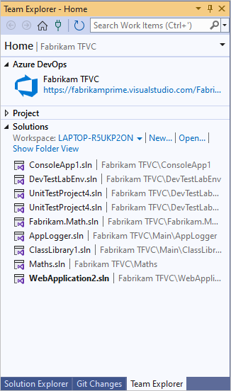 Screenshot che mostra soluzioni nella home page di Team Explorer.