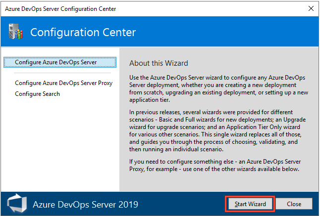 Screenshot della procedura guidata del Centro di Configurazione del server Azure DevOps, pagina Configura Server Azure DevOps.