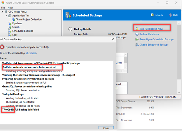Screenshot mostra il collegamento evidenziato per eseguire ora il backup completo.