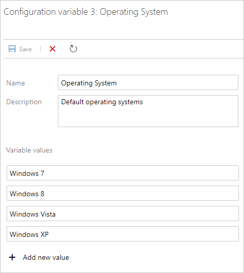 Screenshot dell'impostazione dei valori per una variabile di configurazione dei sistemi operativi.