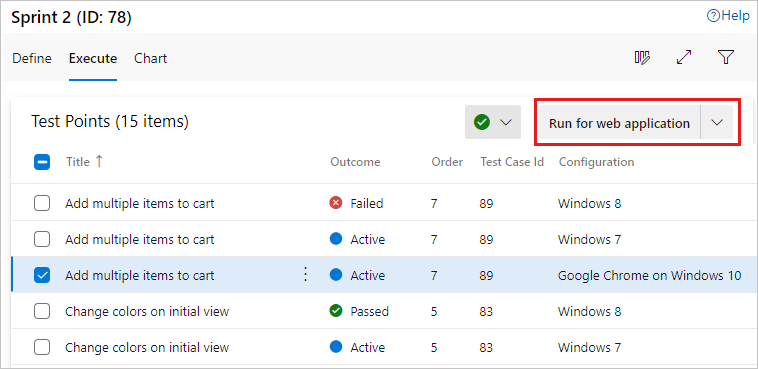 Screenshot di un test con una configurazione specifica e l'opzione Esegui per l'applicazione Web selezionata.