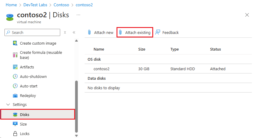 Screenshot di Attach existing (Collega esistente) nella pagina Disco della V M.