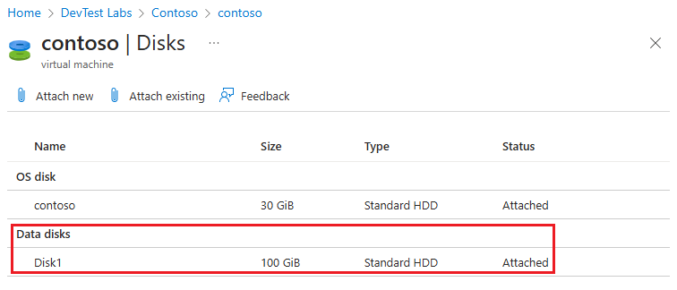 Screenshot del nuovo disco dati in Dischi dati nella pagina Dischi.