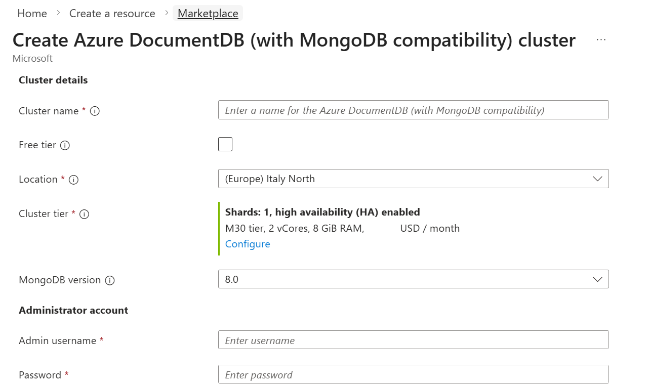 Screenshot che mostra i parametri del cluster.