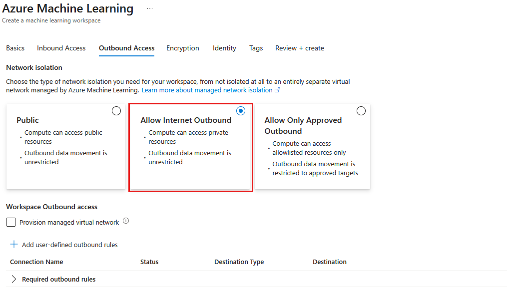 Screenshot della scheda Rete dell'area di lavoro con l'opzione Internet in uscita selezionata.