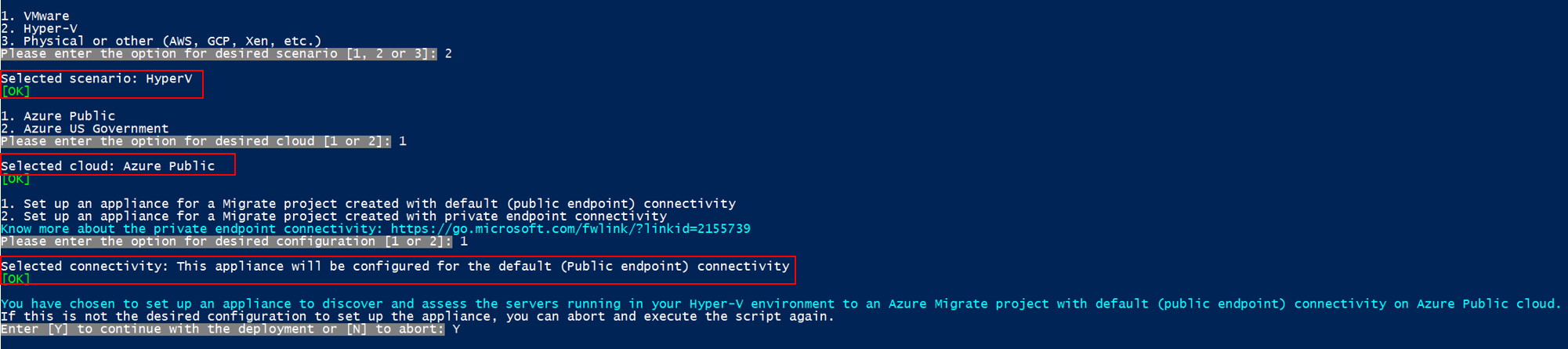 Screenshot che mostra come configurare Hyper-V appliance con la configurazione desiderata.