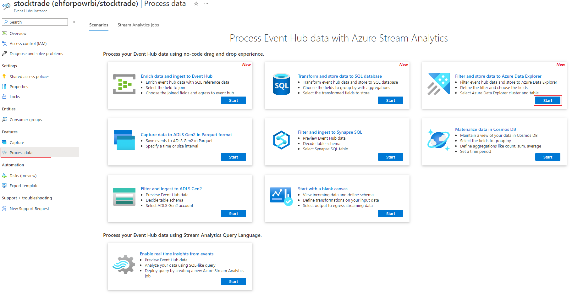 Screenshot che mostra la scheda Filtro e inserimento nella scheda Azure Data Lake Storage Gen2 in cui si seleziona Avvia.