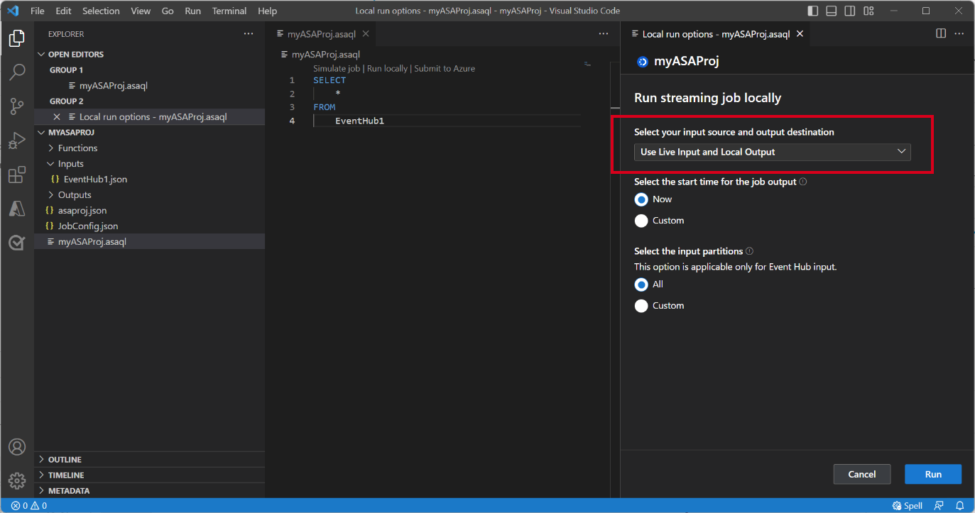 Screenshot dell'estensione VS Code che seleziona la modalità di riproduzione per l'esecuzione locale.