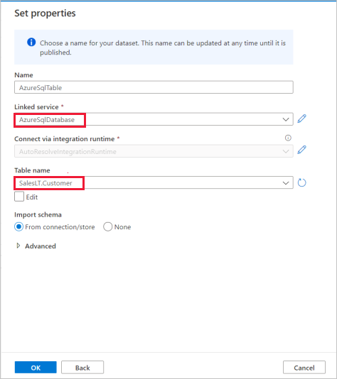 Configurare le proprietà del set di dati di origine