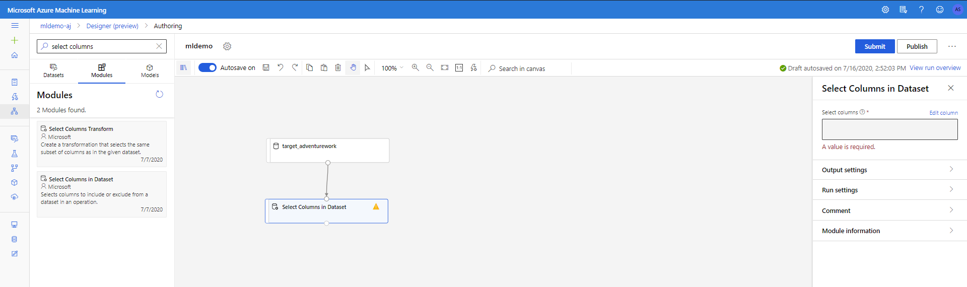 Screenshot del componente di selezione delle colonne sulla tela.