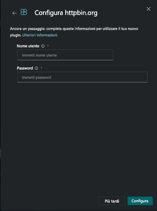 Screenshot che mostra la finestra di dialogo Imposta nome utente e password