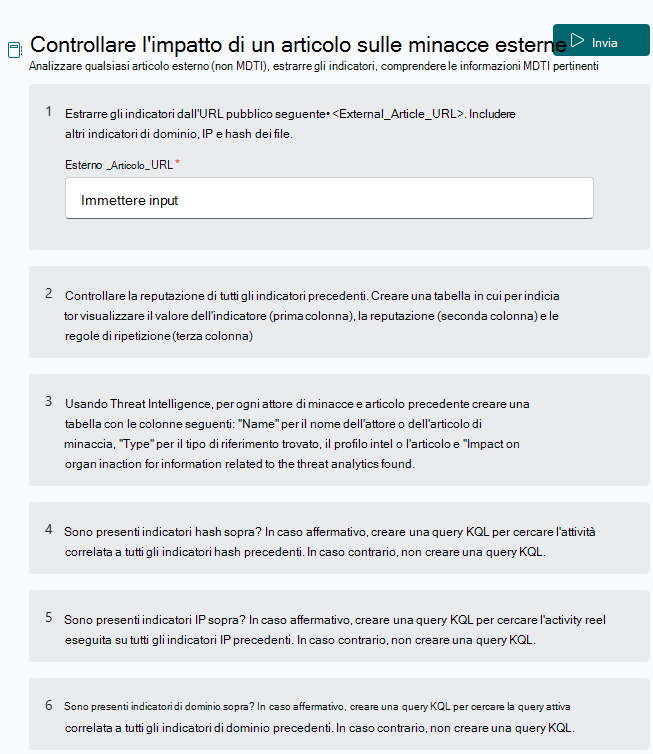 Screenshot della verifica dell'impatto di un prompt degli articoli sulle minacce esterne.