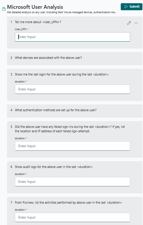 Screenshot del promptbook di analisi utente Microsoft.