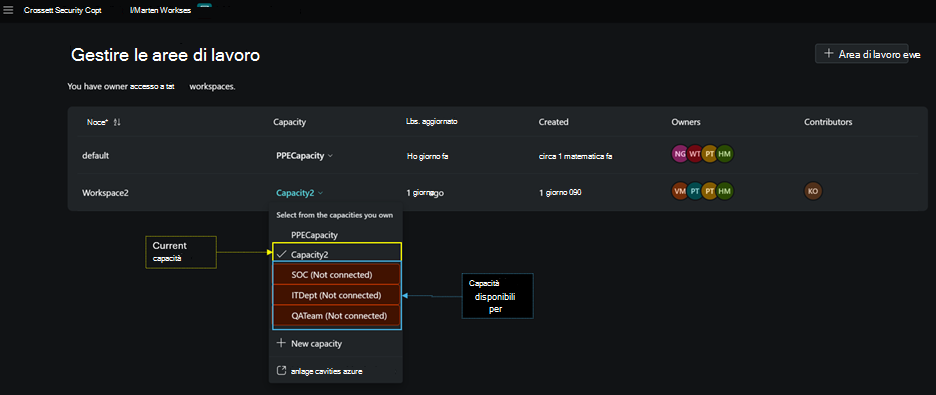 Immagine della pagina di assegnazione e cambio di capacità.