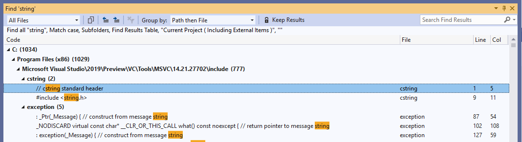 Screenshot che mostra un elenco dei risultati della ricerca Trova nei File, contenenti testo che corrisponde alla stringa di ricerca e un estratto di ogni corrispondenza.