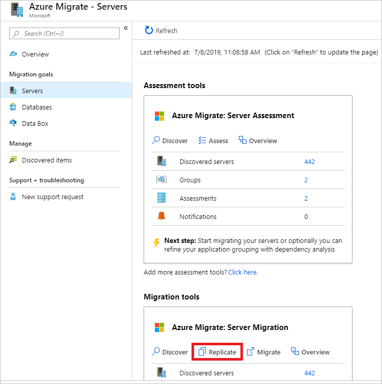 Screenshot della schermata Azure Migrate - Server che mostra il pulsante Replica selezionato in Azure Migrate: Migrazione server in Strumenti di migrazione.